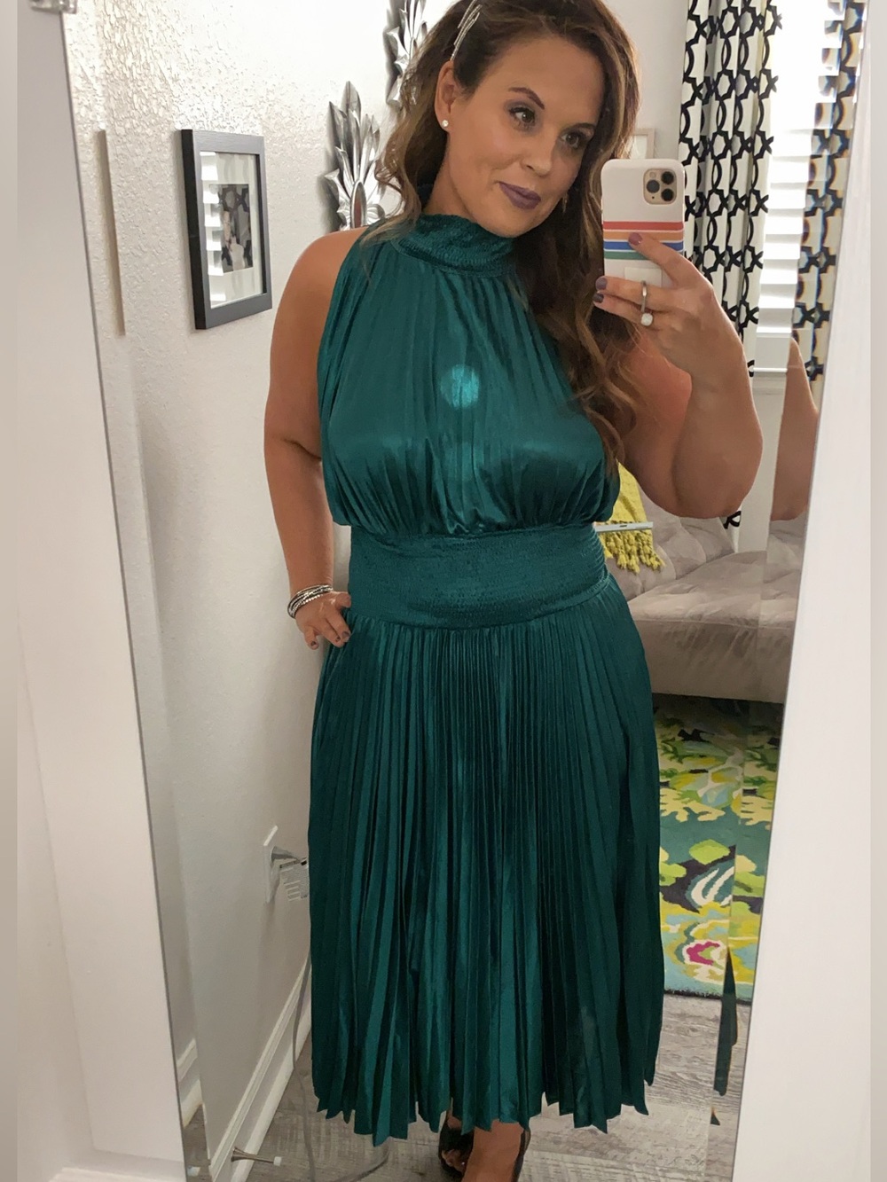 VICI Pont Des Arts Pleated Smocked Midi Dress - Emerald - Large